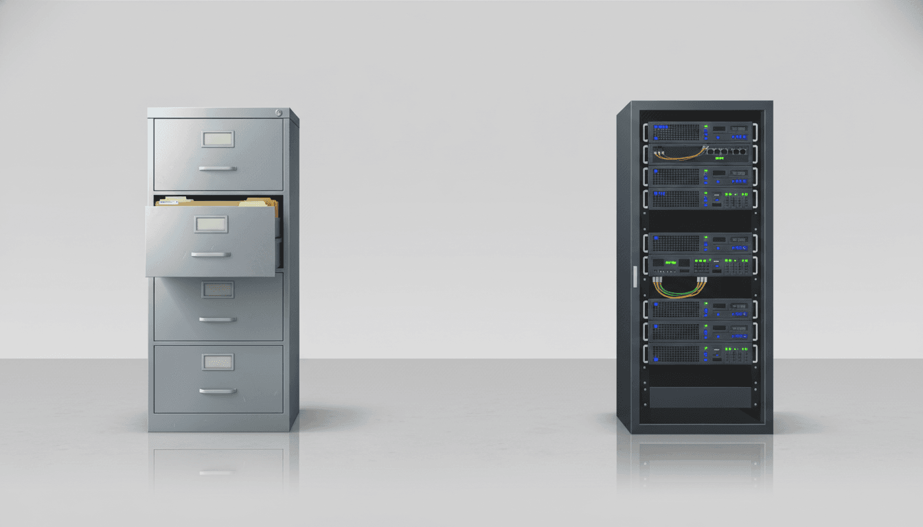 A four-drawer metal filing cabinet on the left and a dark server rack on the right, side by side at equal height.